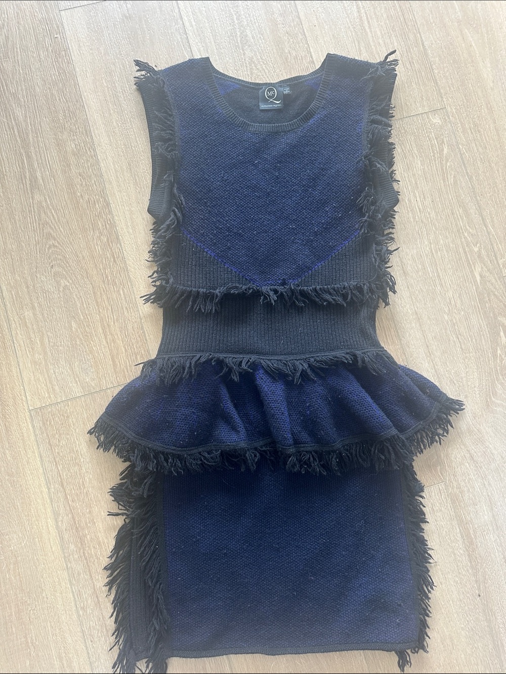 MCQ Alexander McQueen Black and Blue Fringe Peplum Wool Knit Dress